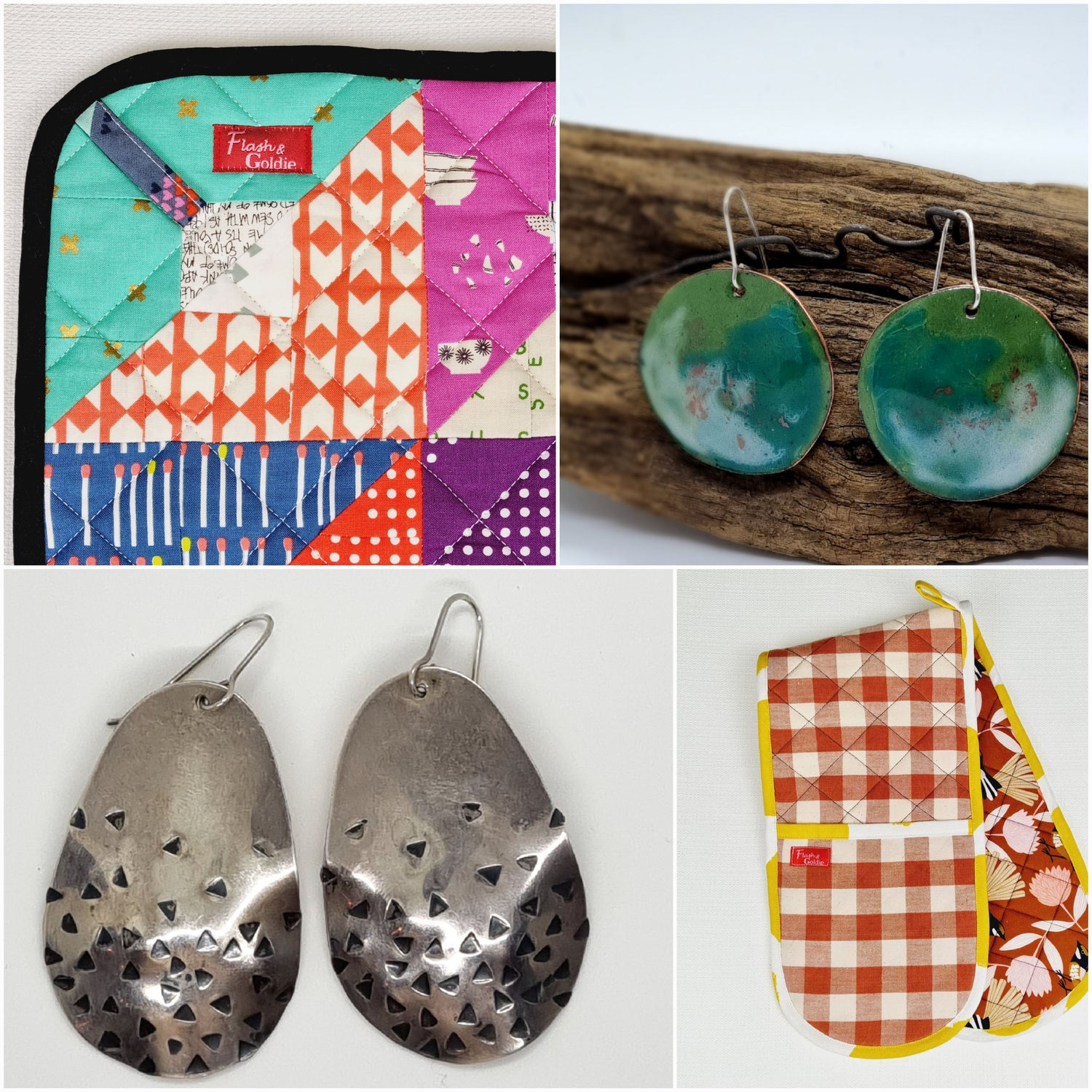 mix of images displaying top left heat mat, green circular enamel earrings, silver patterned earrings,oven mit