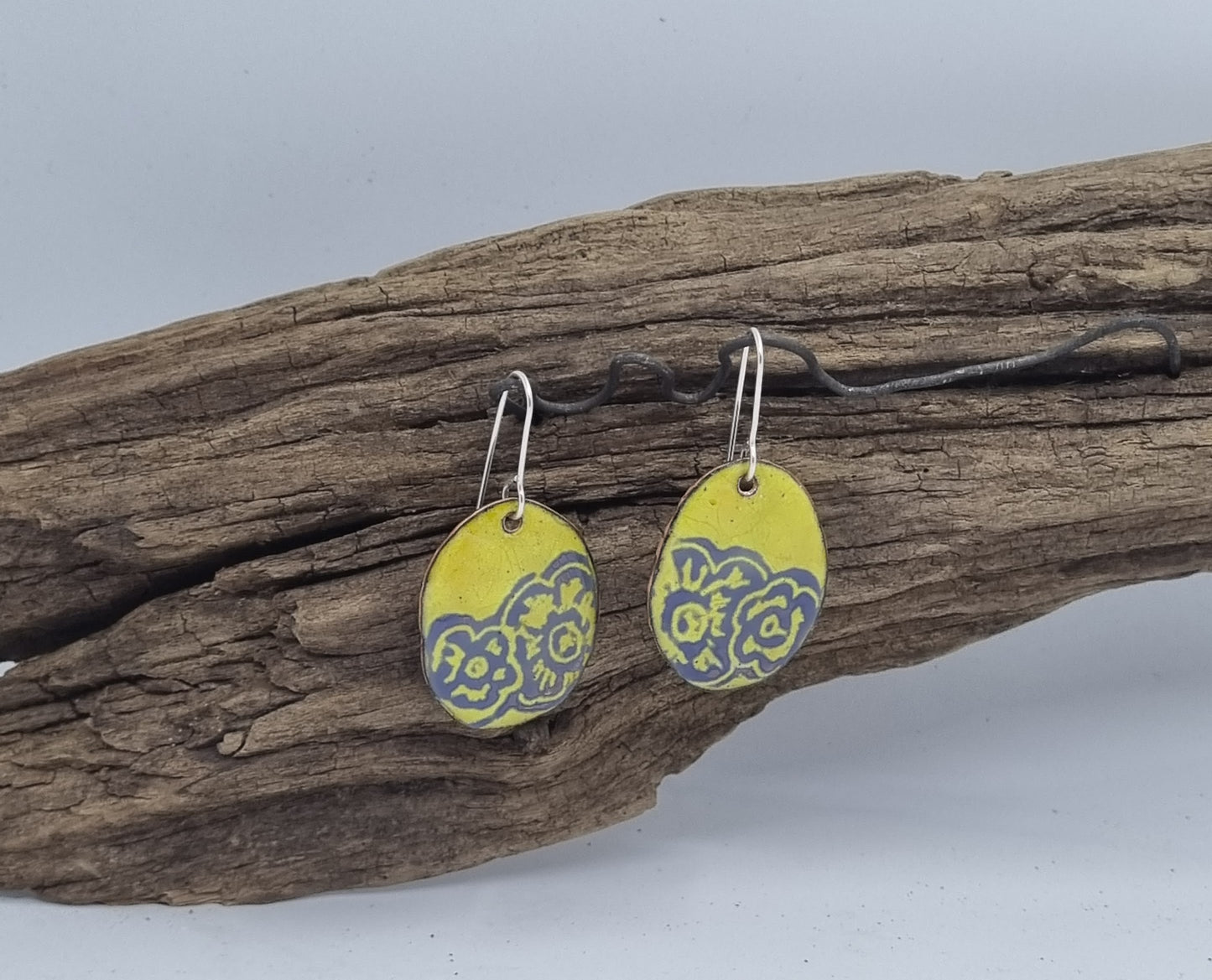 Purple Flower on yellow enamel earrings