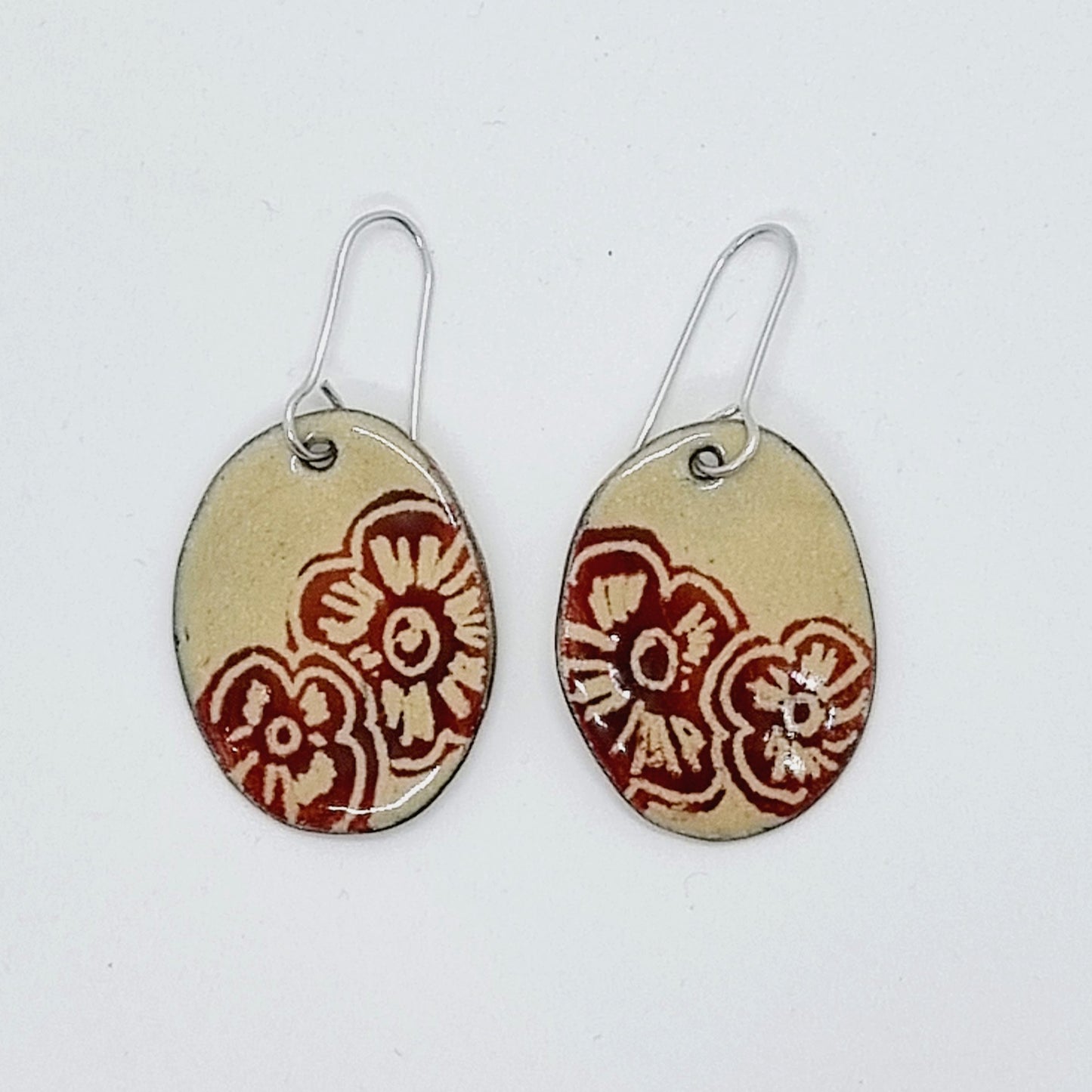 Orange Flower on Beige enamel earrings