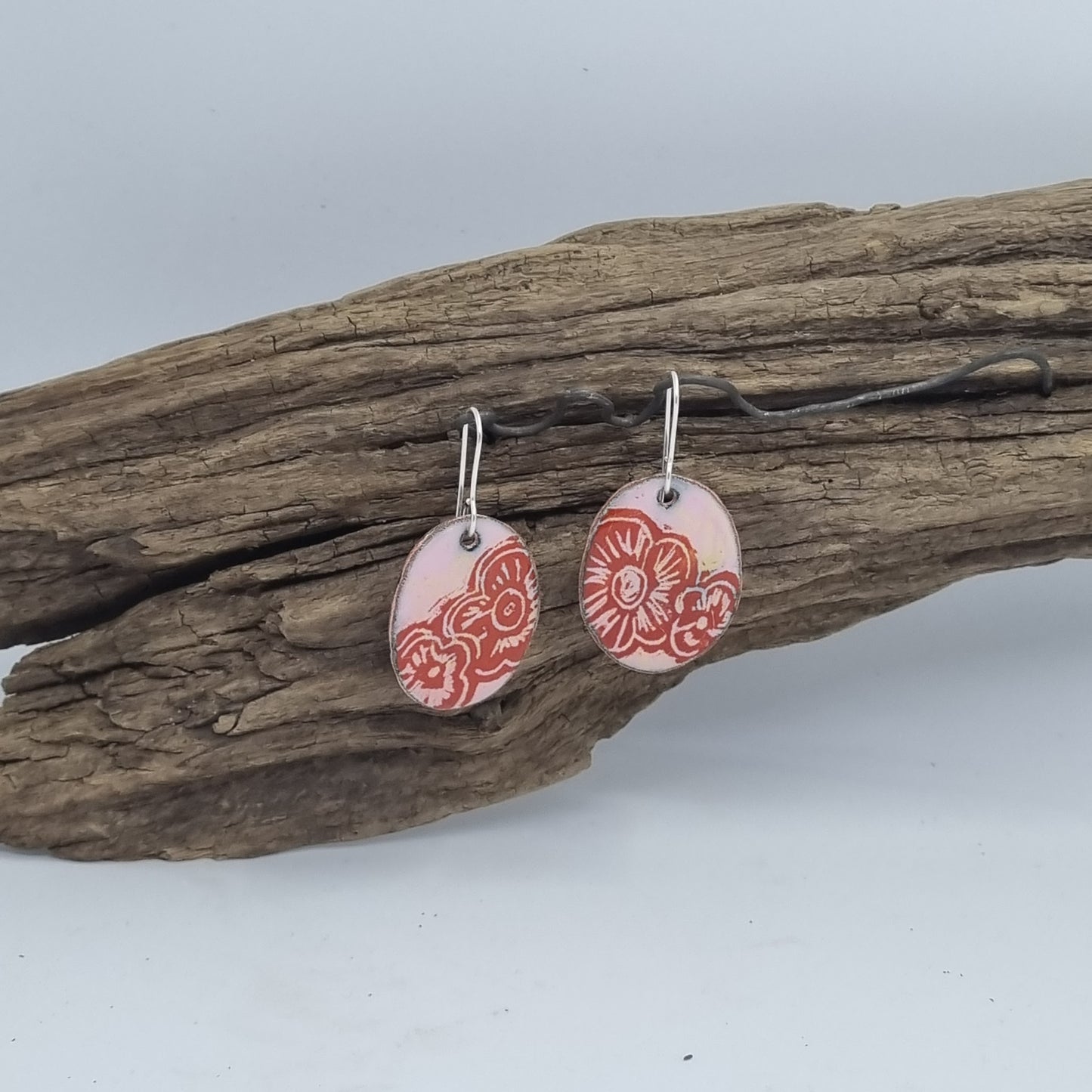 Orange Flower on Pink enamel earrings