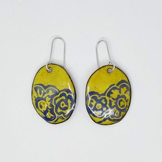 Purple Flower on yellow enamel earrings