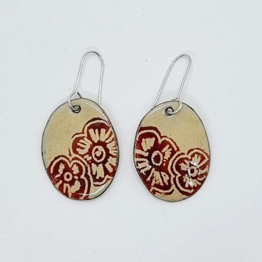 Orange Flower on Beige enamel earrings