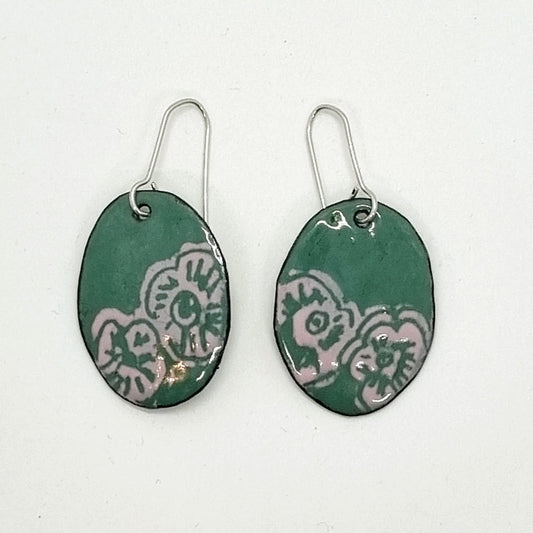 Pink Flower on Green enamel earrings