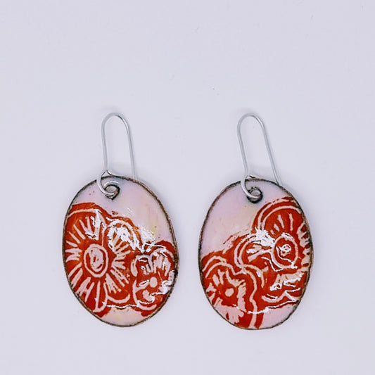 Orange Flower on Pink enamel earrings